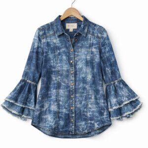 Ryan Michael Indigo Blue Tiered Sleeve Western Button Down Shirt Size Medium